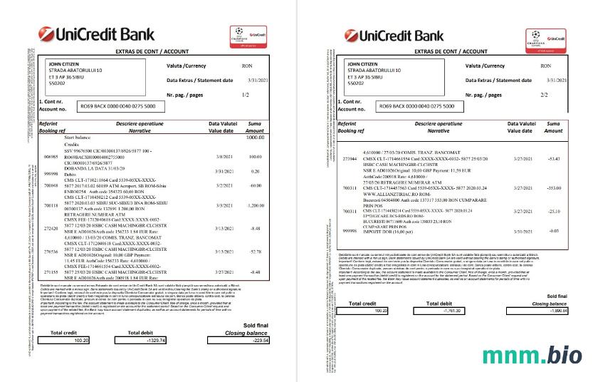 Romania Raiffeisen wzór wyciągu bankowego in Excel and PDF format